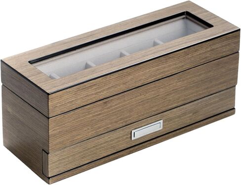 Bey-Berk Silver Walnut 5-Slot Watch Box, Lacquered Gray Wood Glass-Top Watch Display with Velour-Lined Cushions and 5-Compartment Accessory Drawer, 12" x 4.25" x 5.15" in Kuwait