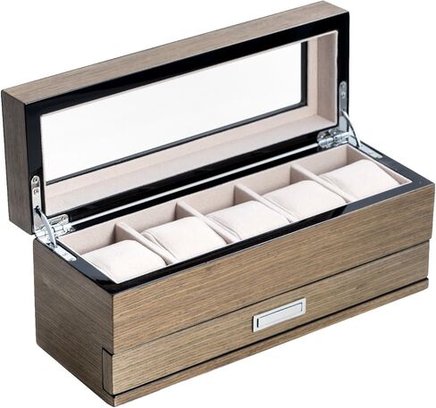 Bey-Berk Silver Walnut 5-Slot Watch Box, Lacquered Gray Wood Glass-Top Watch Display with Velour-Lined Cushions and 5-Compartment Accessory Drawer, 12" x 4.25" x 5.15" in Kuwait