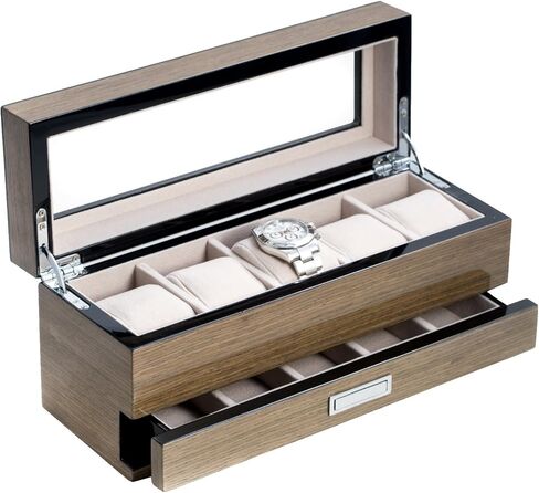 Bey-Berk Silver Walnut 5-Slot Watch Box, Lacquered Gray Wood Glass-Top Watch Display with Velour-Lined Cushions and 5-Compartment Accessory Drawer, 12" x 4.25" x 5.15" in Kuwait