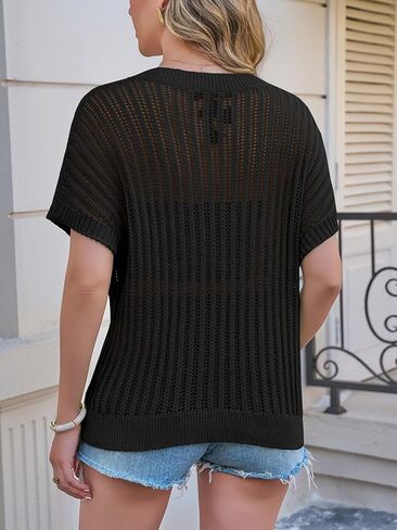 Saodimallsu المرأة الكروشيه القمم Batwing قصيرة الأكمام الصيف طاقم الرقبة خفيفة الوزن فضفاضة متماسكة البلوز سترة علوية in Saudi Arabia