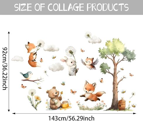 ملصق جداري على شكل حيوانات، ملصقات جدارية لطيفة لغرف الأطفال في الغابة، دب حيوانات، زهور، فراشات، طيور، قشر شجر الغيوم وملصقات جدارية لاصقة، ديكور غرفة نوم الأطفال وغرفة المعيشة in Kuwait