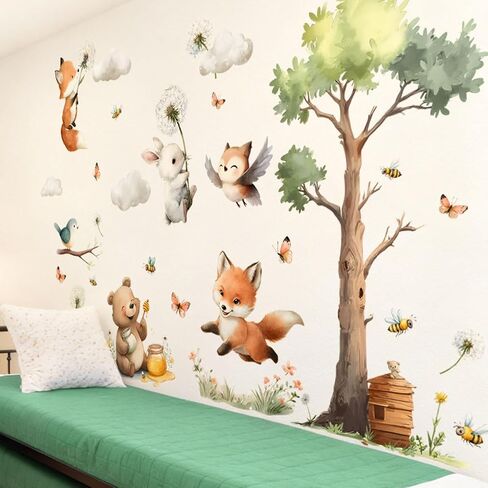 ملصق جداري على شكل حيوانات، ملصقات جدارية لطيفة لغرف الأطفال في الغابة، دب حيوانات، زهور، فراشات، طيور، قشر شجر الغيوم وملصقات جدارية لاصقة، ديكور غرفة نوم الأطفال وغرفة المعيشة in Kuwait