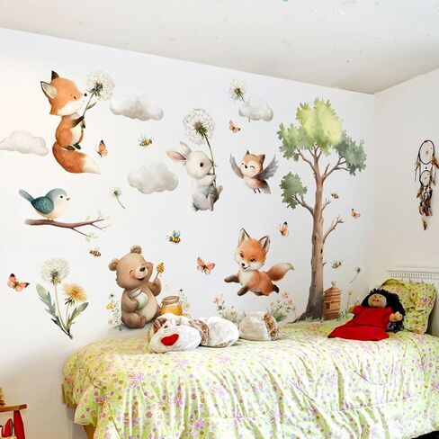 ملصق جداري على شكل حيوانات، ملصقات جدارية لطيفة لغرف الأطفال في الغابة، دب حيوانات، زهور، فراشات، طيور، قشر شجر الغيوم وملصقات جدارية لاصقة، ديكور غرفة نوم الأطفال وغرفة المعيشة in Kuwait