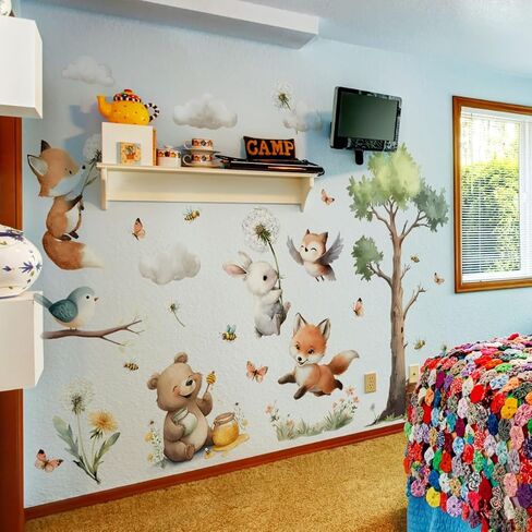 ملصق جداري على شكل حيوانات، ملصقات جدارية لطيفة لغرف الأطفال في الغابة، دب حيوانات، زهور، فراشات، طيور، قشر شجر الغيوم وملصقات جدارية لاصقة، ديكور غرفة نوم الأطفال وغرفة المعيشة in Kuwait