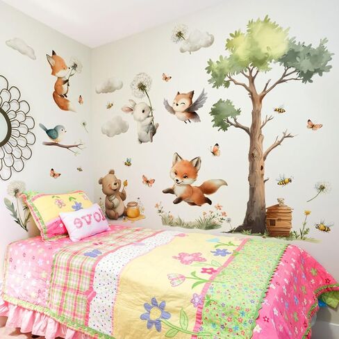 ملصق جداري على شكل حيوانات، ملصقات جدارية لطيفة لغرف الأطفال في الغابة، دب حيوانات، زهور، فراشات، طيور، قشر شجر الغيوم وملصقات جدارية لاصقة، ديكور غرفة نوم الأطفال وغرفة المعيشة in Kuwait