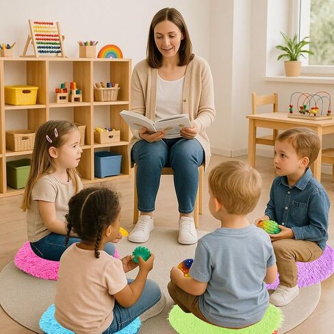 6 Pack Crazy Carpet Circle Seats, 16 Inch Round Floor Cushions for Classroom, Soft Educational Play Mat for Group Activities and School Learning, Sitting Rug for Reading and Marker Playing Areas in Kuwait