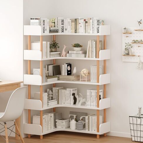Wooden Reversible Corner Bookshelf - Modern 4 Tiers L-Shaped Bookcase with Solid Wood Frame and Edge Protection for Home and Office, Open Storage Shelf, White in Saudi Arabia