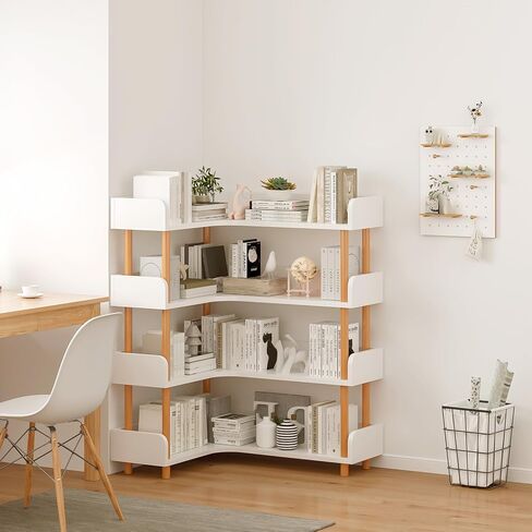 Wooden Reversible Corner Bookshelf - Modern 4 Tiers L-Shaped Bookcase with Solid Wood Frame and Edge Protection for Home and Office, Open Storage Shelf, White in Saudi Arabia