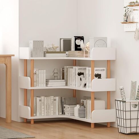 Wooden Reversible Corner Bookshelf - Modern 4 Tiers L-Shaped Bookcase with Solid Wood Frame and Edge Protection for Home and Office, Open Storage Shelf, White in Saudi Arabia