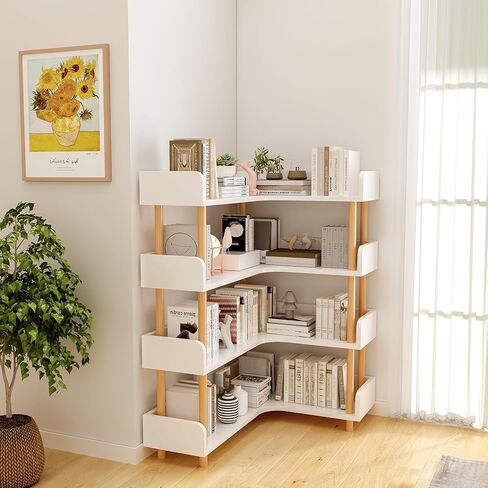Wooden Reversible Corner Bookshelf - Modern 4 Tiers L-Shaped Bookcase with Solid Wood Frame and Edge Protection for Home and Office, Open Storage Shelf, White in Saudi Arabia