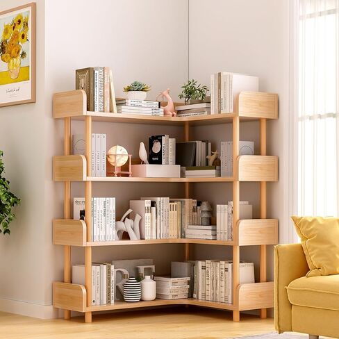 Wooden Reversible Corner Bookshelf - Modern 4 Tiers L-Shaped Bookcase with Solid Wood Frame and Edge Protection for Home and Office, Open Storage Shelf, White in Saudi Arabia