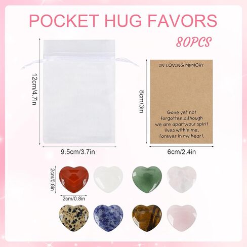 80 Sets Celebration of Life Favors Pocket Hugs Token Bulk Cards with Heart Shape Natural Stones Organza Bags Pocket Hugs for Friends for Memorial Party Supply Funeral Guest Return Favors in Kuwait