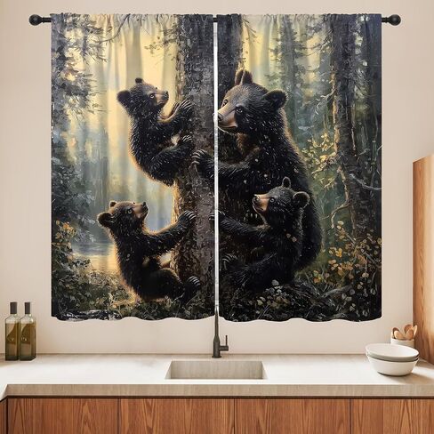 Bear Blackout Curtains, Retro Funny Forest Animal Woodland Wildlife Pattern Drapes, Black Bear Window Treatments Curtain for Kitchen Bedroom Living Room Home Decor 42" W x 45" L in Kuwait