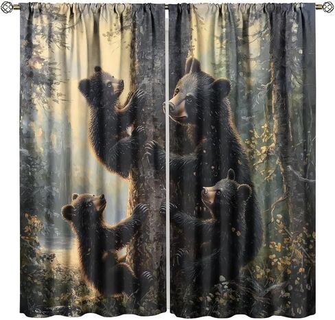 Bear Blackout Curtains, Retro Funny Forest Animal Woodland Wildlife Pattern Drapes, Black Bear Window Treatments Curtain for Kitchen Bedroom Living Room Home Decor 42" W x 45" L in Kuwait
