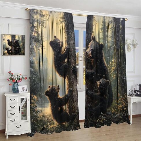 Bear Blackout Curtains, Retro Funny Forest Animal Woodland Wildlife Pattern Drapes, Black Bear Window Treatments Curtain for Kitchen Bedroom Living Room Home Decor 42" W x 45" L in Kuwait