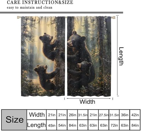 Bear Blackout Curtains, Retro Funny Forest Animal Woodland Wildlife Pattern Drapes, Black Bear Window Treatments Curtain for Kitchen Bedroom Living Room Home Decor 42" W x 45" L in Kuwait
