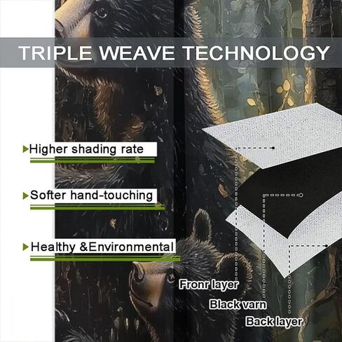 Bear Blackout Curtains, Retro Funny Forest Animal Woodland Wildlife Pattern Drapes, Black Bear Window Treatments Curtain for Kitchen Bedroom Living Room Home Decor 42" W x 45" L in Kuwait