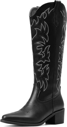 Oiamenne Cowboy Boots for Women Knee High Pointed Toe Cowgirl Boots Chunky Heel Pull On Western Boots Retro Country Vintage Fashion Boots in Kuwait