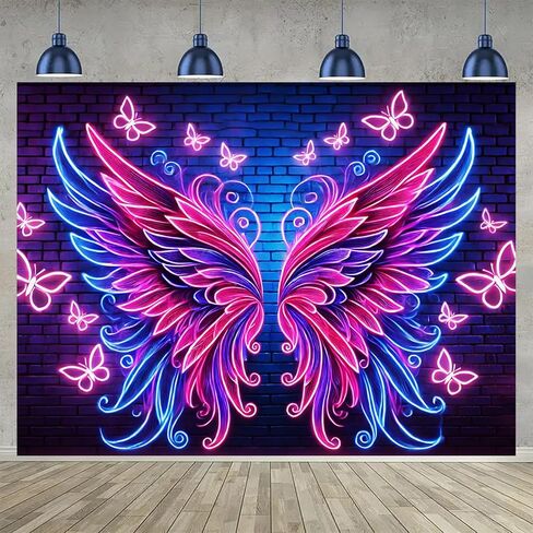 BlissYard Blacklight نسيج أجنحة الملاك ديكور 78x59 بوصة نيون فراشة توهج في خلفية داكنة Blacklight نسيج Trippy الوردي الأزرق الجناح المشهد لغرفة النوم الجدار شنقا غرفة الحفلات صورة كشك العرض in Kuwait