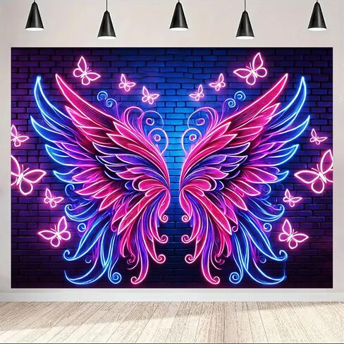 BlissYard Blacklight نسيج أجنحة الملاك ديكور 78x59 بوصة نيون فراشة توهج في خلفية داكنة Blacklight نسيج Trippy الوردي الأزرق الجناح المشهد لغرفة النوم الجدار شنقا غرفة الحفلات صورة كشك العرض in Kuwait
