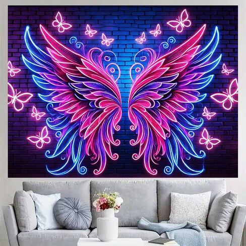 BlissYard Blacklight نسيج أجنحة الملاك ديكور 78x59 بوصة نيون فراشة توهج في خلفية داكنة Blacklight نسيج Trippy الوردي الأزرق الجناح المشهد لغرفة النوم الجدار شنقا غرفة الحفلات صورة كشك العرض in Kuwait