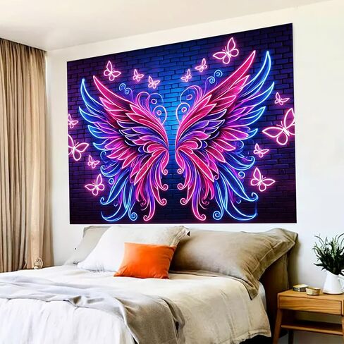 BlissYard Blacklight نسيج أجنحة الملاك ديكور 78x59 بوصة نيون فراشة توهج في خلفية داكنة Blacklight نسيج Trippy الوردي الأزرق الجناح المشهد لغرفة النوم الجدار شنقا غرفة الحفلات صورة كشك العرض in Kuwait