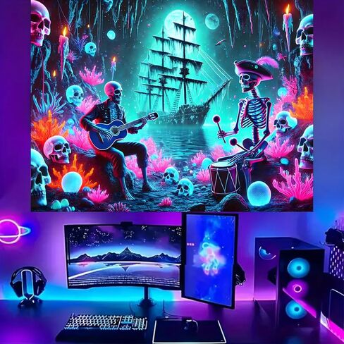 BSFHH Halloween Black Light Tapestry – UV Reactive Glow in the Dark Wall Hanging, Spooky Night Scene with Ghosts & Pumpkins, Haunting Home Decor for Parties, Bedroom, or Dorm (Guitar, 90L" x 70W", Unframed) in Kuwait