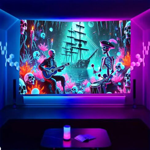 BSFHH Halloween Black Light Tapestry – UV Reactive Glow in the Dark Wall Hanging, Spooky Night Scene with Ghosts & Pumpkins, Haunting Home Decor for Parties, Bedroom, or Dorm (Guitar, 90L" x 70W", Unframed) in Kuwait