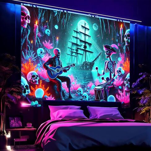 BSFHH Halloween Black Light Tapestry – UV Reactive Glow in the Dark Wall Hanging, Spooky Night Scene with Ghosts & Pumpkins, Haunting Home Decor for Parties, Bedroom, or Dorm (Guitar, 90L" x 70W", Unframed) in Kuwait