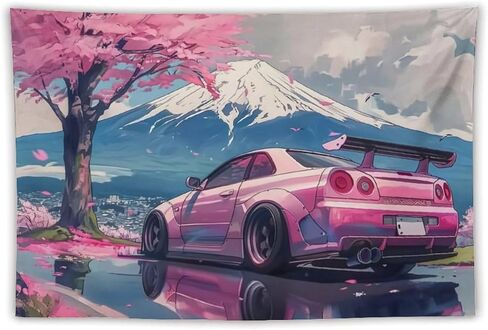 FeoYoed Tapestry Wall Hanging Aesthetic Decoration For Bedroom Living Room Wall Art Tapestries Pink Jdm Car R34 Mount Fuji Cherry Blossoms Reflection Art 40"x60" in Kuwait