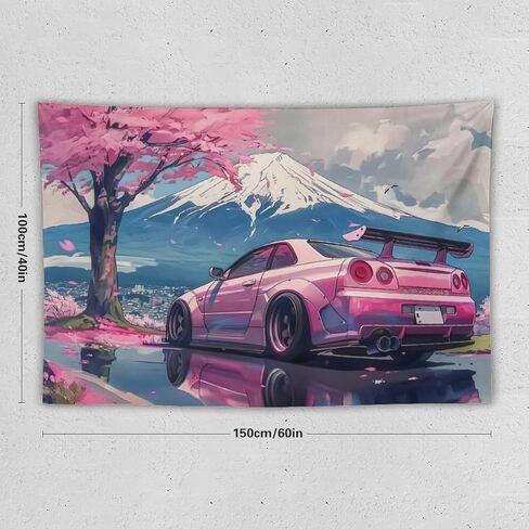 FeoYoed Tapestry Wall Hanging Aesthetic Decoration For Bedroom Living Room Wall Art Tapestries Pink Jdm Car R34 Mount Fuji Cherry Blossoms Reflection Art 40"x60" in Kuwait