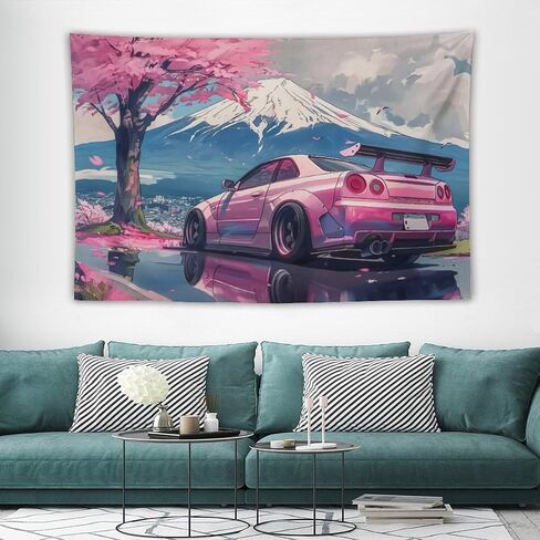 FeoYoed Tapestry Wall Hanging Aesthetic Decoration For Bedroom Living Room Wall Art Tapestries Pink Jdm Car R34 Mount Fuji Cherry Blossoms Reflection Art 40"x60" in Kuwait