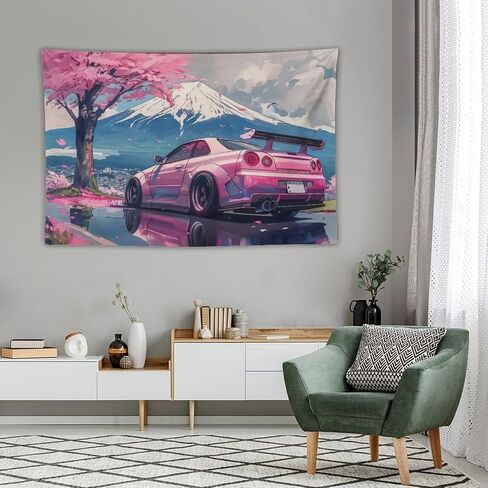 FeoYoed Tapestry Wall Hanging Aesthetic Decoration For Bedroom Living Room Wall Art Tapestries Pink Jdm Car R34 Mount Fuji Cherry Blossoms Reflection Art 40"x60" in Kuwait