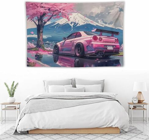 FeoYoed Tapestry Wall Hanging Aesthetic Decoration For Bedroom Living Room Wall Art Tapestries Pink Jdm Car R34 Mount Fuji Cherry Blossoms Reflection Art 40"x60" in Kuwait