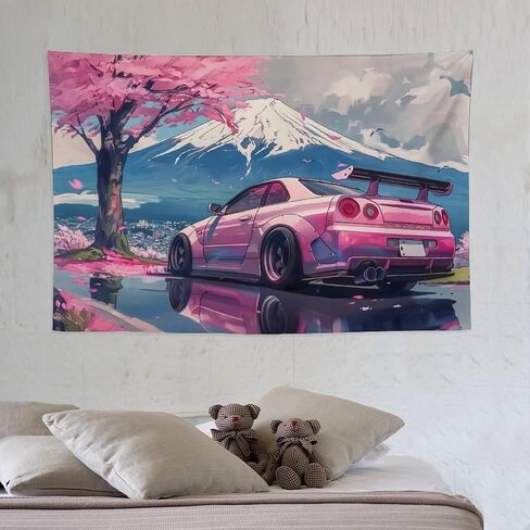 FeoYoed Tapestry Wall Hanging Aesthetic Decoration For Bedroom Living Room Wall Art Tapestries Pink Jdm Car R34 Mount Fuji Cherry Blossoms Reflection Art 40"x60" in Kuwait