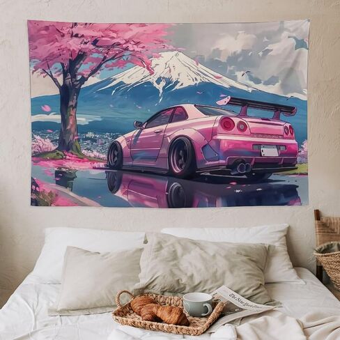 FeoYoed Tapestry Wall Hanging Aesthetic Decoration For Bedroom Living Room Wall Art Tapestries Pink Jdm Car R34 Mount Fuji Cherry Blossoms Reflection Art 40"x60" in Kuwait