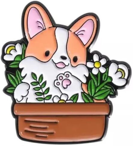 Corgi in a Flower Pot Soft Enamel Pin, 1.2 Inches Tall x 1 Inch Wide, Dog Pin, Potted Corgi Brooch, Cute Animal Brooch for Women and Girls, Suitable for Gifts, Party Favors in Kuwait