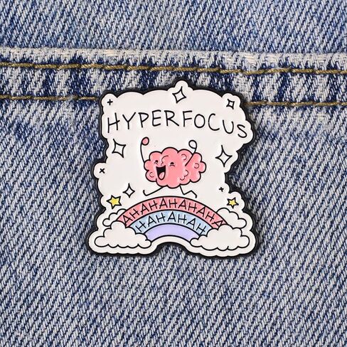 Hyperfocus Ahahaha المينا دبوس، لطيف الدماغ ADHD دبوس بروش، شارة طية صدر السترة للتوعية بالصحة العقلية، شارة القلق العصبية Hyperfocus، مضحك ADHD سحابة قوس قزح دبابيس، هدية للمعالج؛ الملحقات العصبية التحفيزية in Kuwait