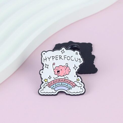 Hyperfocus Ahahaha المينا دبوس، لطيف الدماغ ADHD دبوس بروش، شارة طية صدر السترة للتوعية بالصحة العقلية، شارة القلق العصبية Hyperfocus، مضحك ADHD سحابة قوس قزح دبابيس، هدية للمعالج؛ الملحقات العصبية التحفيزية in Kuwait