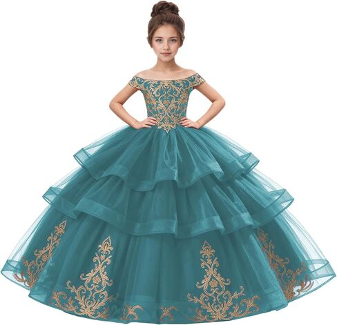 تول زهرة فتاة فساتين لحضور حفل زفاف قبالة الكتف المتدرج الفتيات الكرة ثوب منتفخ الدانتيل فساتين Quinceanera في سن المراهقة in Kuwait
