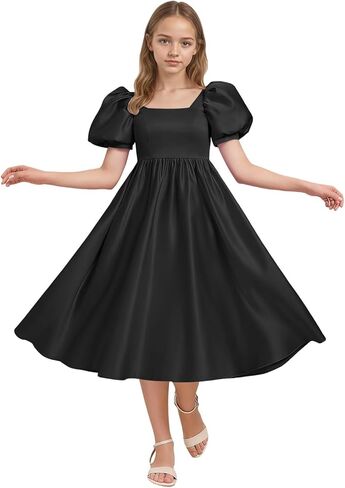 فستان وصيفة العروس جونيور بأكمام منتفخة ورقبة مربعة لحفلات أعياد الميلاد وحفلات الزفاف من الساتان فساتين طويلة لضيوف الزفاف in Kuwait