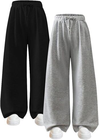 Nivne Tco Tween Girls Sweatpants Set Casual 2 Pack Baggy Wide Leg Trousers Bowknot Decor Elastic Waist Pants in Kuwait
