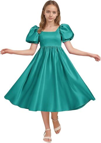Puff Sleeve Junior Bridesmaid Dress Girls Square Neck Birthday Party Ball Gown Satin Long Wedding Guests Dresses in Saudi Arabia
