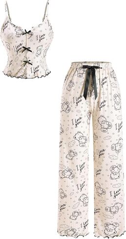 Women's Cute Cartoon Bear Print Bow Pajamas 2 Piece Notched V Neck Crop Cami Top and Pants Lounge Sets in Kuwait
