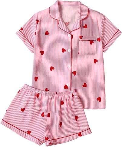 Women's Plus Size Heart Print Striped Pajama Set Cute Button Up Shirt and Shorts Lounge Sets Sleepwear in Kuwait