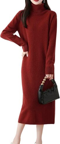 Long Sweater Women's Dress Knitted Turtleneck Long Sleeve 100% Merino Wool Pullover Winter Warm Tops in Kuwait