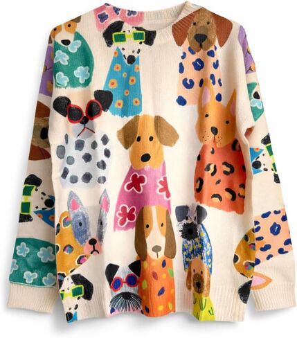 Women’s Colorful Dog Print Knit Sweater – Cozy Long-Sleeve Pullover, Soft Casual Jumper for Dog Lovers & Pet Moms in Saudi Arabia