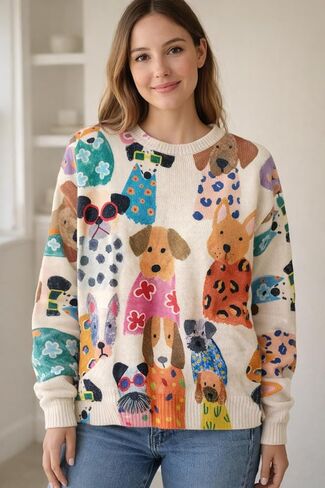 Women’s Colorful Dog Print Knit Sweater – Cozy Long-Sleeve Pullover, Soft Casual Jumper for Dog Lovers & Pet Moms in Saudi Arabia