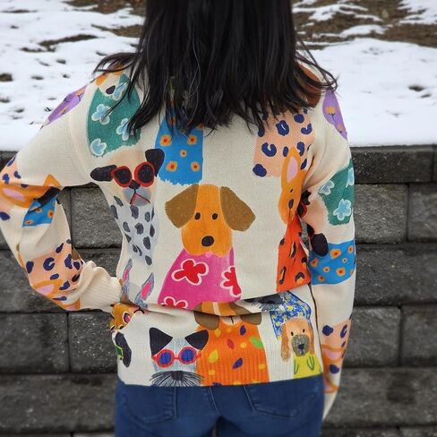Women’s Colorful Dog Print Knit Sweater – Cozy Long-Sleeve Pullover, Soft Casual Jumper for Dog Lovers & Pet Moms in Saudi Arabia