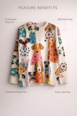 Women’s Colorful Dog Print Knit Sweater – Cozy Long-Sleeve Pullover, Soft Casual Jumper for Dog Lovers & Pet Moms in Saudi Arabia